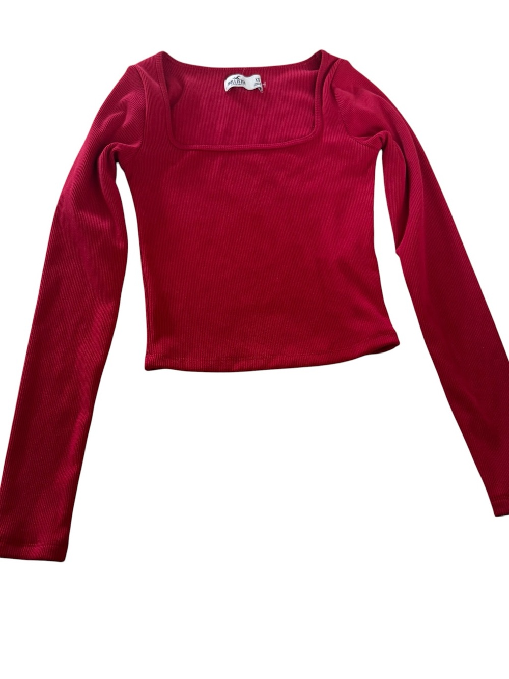 Hollister Long Sleeve Square Neck Ribbed Crop Top - Berry Red